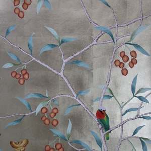 May include: A decorative wallpaper design featuring a silver background with a botanical pattern. The pattern includes branches with teal leaves, clusters of orange berries, and a colorful bird. A butterfly is also present.