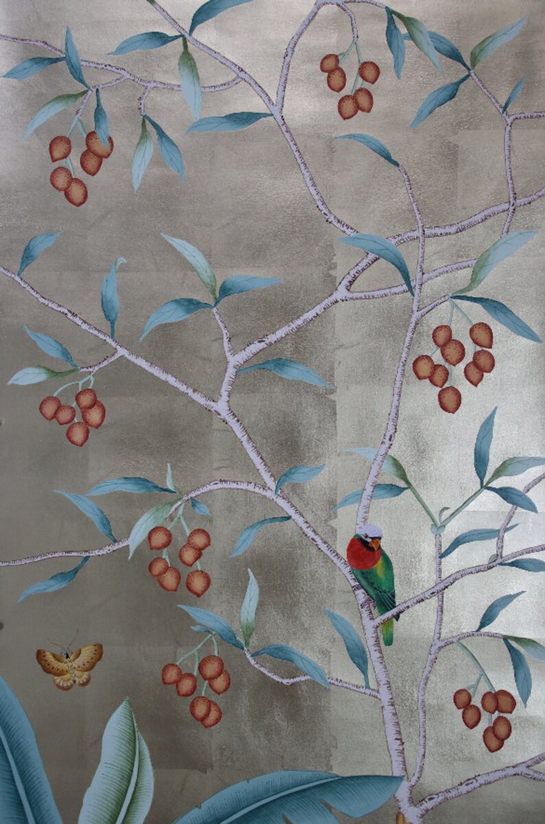 May include: A decorative wallpaper design featuring a silver background with a botanical pattern. The pattern includes branches with teal leaves, clusters of orange berries, and a colorful bird. A butterfly is also present.