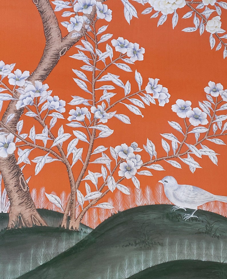Orange Red Chinoiserie Wallpaperoriental Hand-painted - Etsy