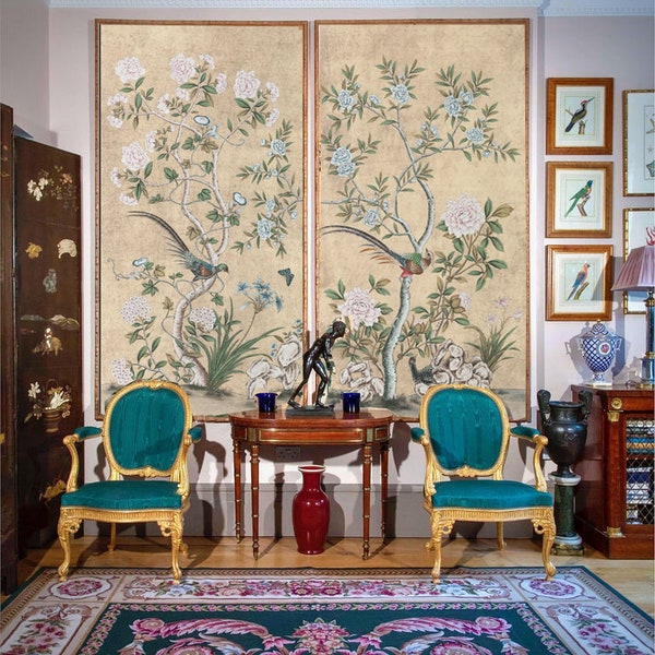 Een set handgemaakte wandpanelen in 18e-eeuwse chinoiserie-stijl, vintage, antieke stijl, CHINOISERIE, interieur wanddecoratie (zonder lijst)
