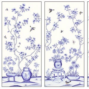 Blått och vitt porslin//vintage chinoiserie-tapet tryckt på non-woven-papper//Blommor och fåglar-tapet/Botanisk konst/Vägmålning 30" *60"/ panel
