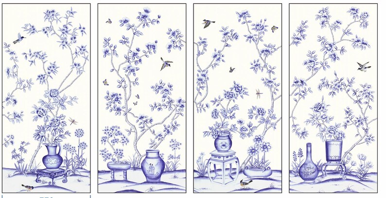 Blått och vitt porslin//vintage chinoiserie-tapet tryckt på non-woven-papper//Blommor och fåglar-tapet/Botanisk konst/Vägmålning 30" *60"/ panel