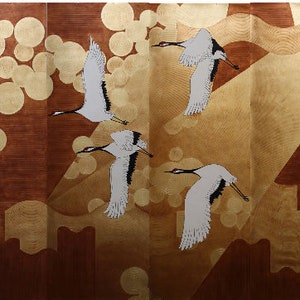 3D gilded paper ----crane---Hand-painted chinoiserie wallpaper panels--- custom wallpaper available