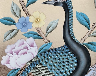 Sample in stock----Peacock and Peony on Metallic Leaf ------Gilded chinoiserie wallpaper