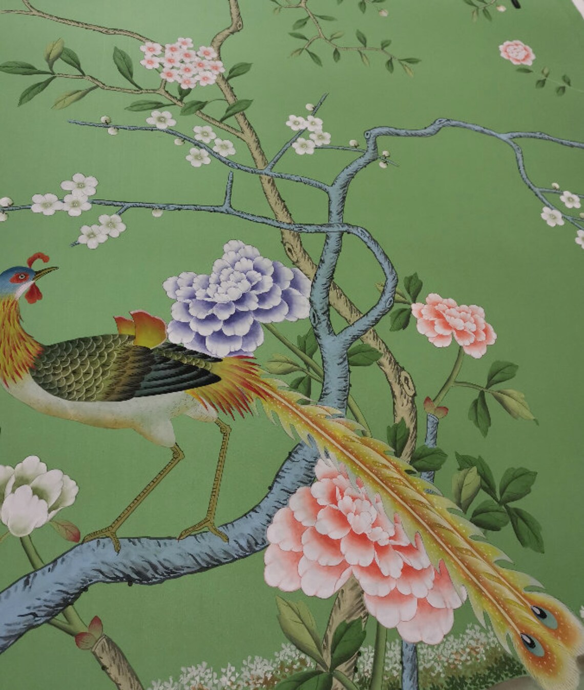 Chinoiserie wallpaper on Emerald green dyed silk Etsy