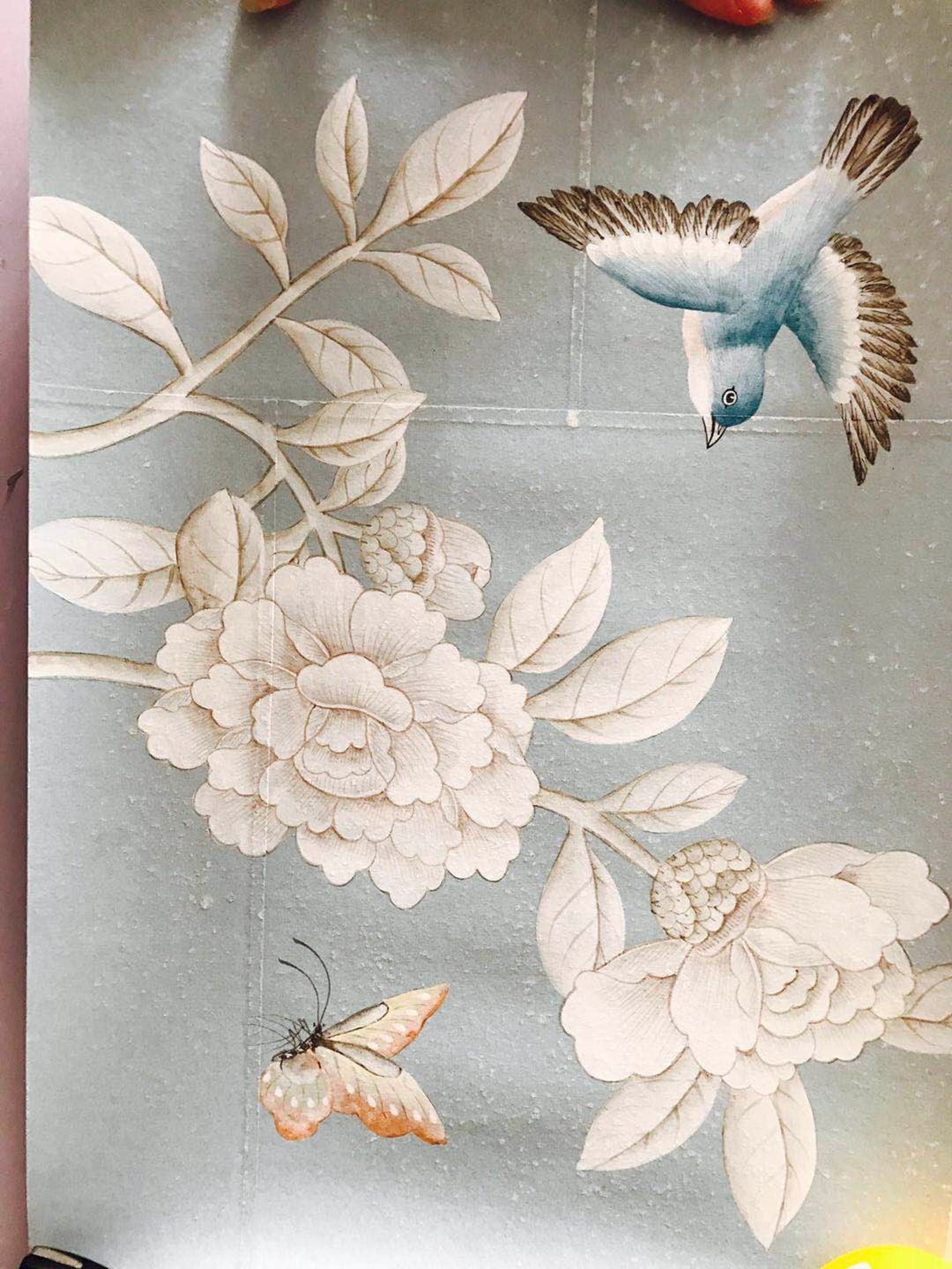 10 12 samplechinoiserie Hand Painted Floral Wallpaper on Blue Tea Paper