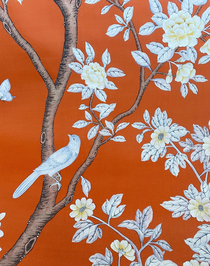 Orange Red Chinoiserie Wallpaperoriental Hand-painted - Etsy