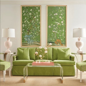 24&quot; *48&quot;/panel , Samples,  Emerald Green,  A pair of unframed Chinoiserie Floral,Prints wall artwork (no frame)
