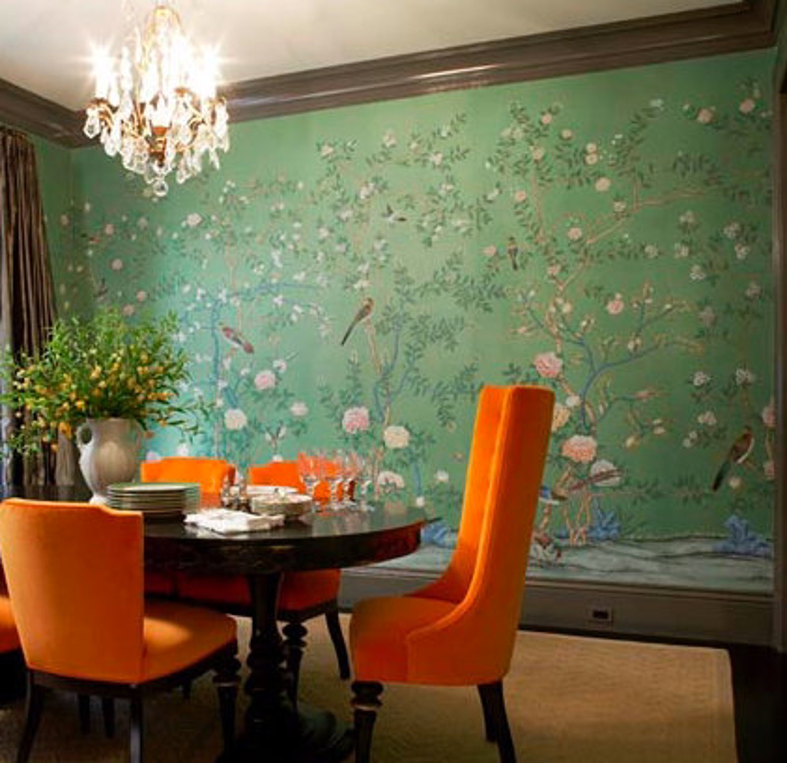 Chinoiserie wallpaper on Emerald green dyed silkdeposit | Etsy