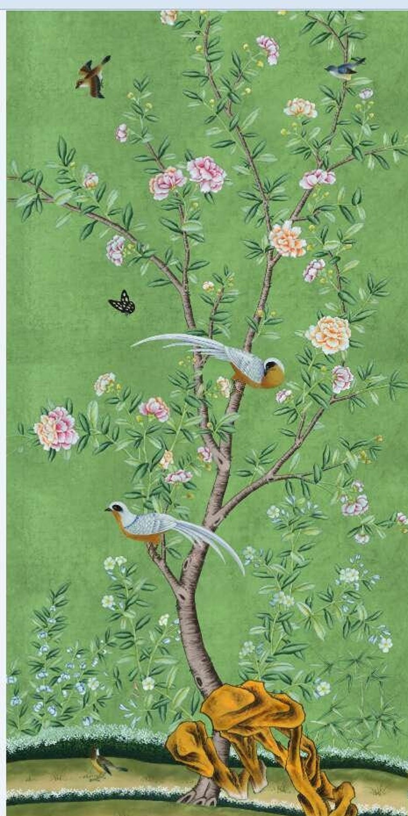 Vintage Chinoiserie Floral, Chinoiserie Green Panels, Set of 2, Wall ...