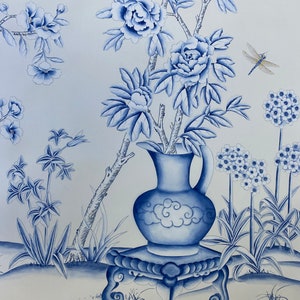 Blått och vitt porslin//vintage chinoiserie-tapet tryckt på non-woven-papper//Blommor och fåglar-tapet/Botanisk konst/Vägmålning bild 5