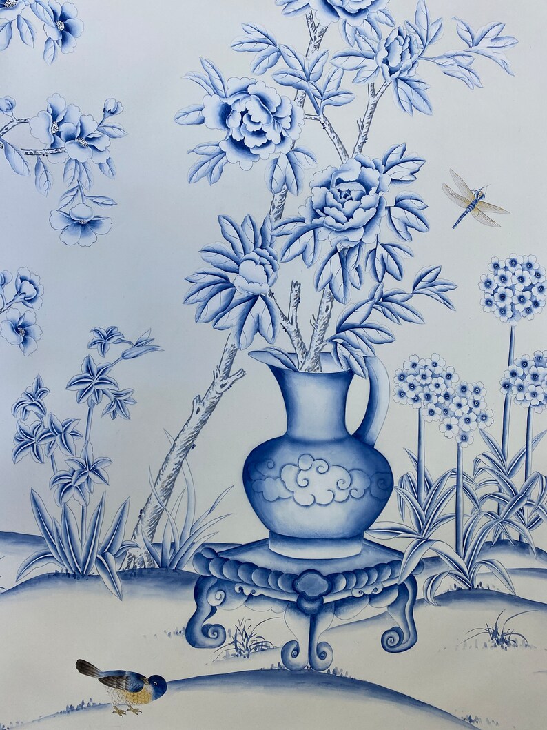 Blått och vitt porslin//vintage chinoiserie-tapet tryckt på non-woven-papper//Blommor och fåglar-tapet/Botanisk konst/Vägmålning bild 5