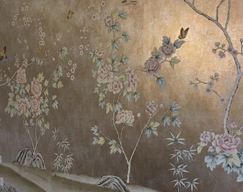 Papel pintado chinoiserie de lujo, metalizado dorado, pintado a mano en ML-39#