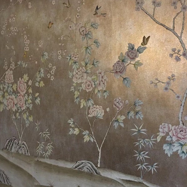 Luxury  metallic gilded -paper, handpainted chinoiserie wallpaper on ML-39#