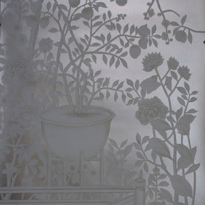 Fragrance Garden on Silver Metallic Leaf Hand-painted metallic wallpaper