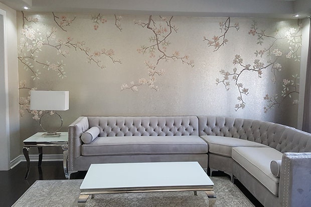 Magnolia and Cherry Blossoms on Silver Metallic Leaf Custom Size Available