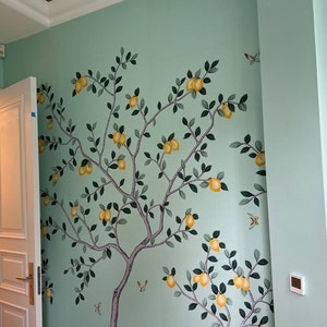 8 &quot; *10&quot; ----Sample in stock---Lemon tree on light blue Dyed silk--19#-----handpainted silk wallpaper-- Sample in stock for close look