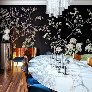 black wallpaper---luxury wallpaper--Chinoiserie wallpaper panels--hand painted silk wallpaper custom order to interior designer