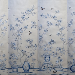 Blått och vitt porslin//vintage chinoiserie-tapet tryckt på non-woven-papper//Blommor och fåglar-tapet/Botanisk konst/Vägmålning W36" * H96"/ panel