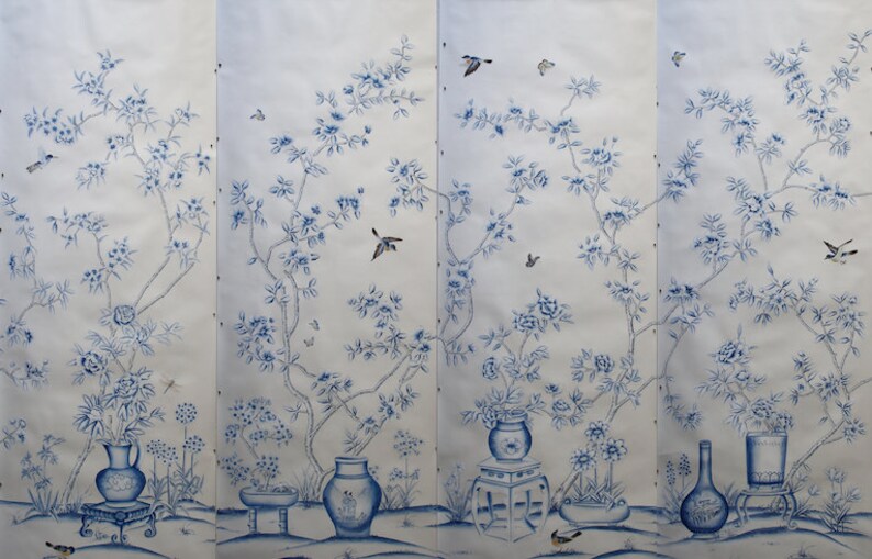 Blått och vitt porslin//vintage chinoiserie-tapet tryckt på non-woven-papper//Blommor och fåglar-tapet/Botanisk konst/Vägmålning W36" * H96"/ panel
