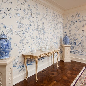 porcelain, blue and white,   Chinoiserie wallpaper---handpainted silk wallpaper-----custom pattern height available to fit the Wall size