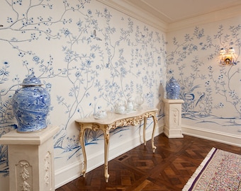 Hand-Painted Chinoiserie Wallpaper, Blue and White Silk, Custom Height