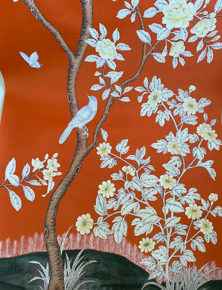 Orange Red Chinoiserie Wallpaperoriental Hand-painted - Etsy