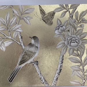 Sample IN STOCK for Chinoiserie Handpainted Wallpaper ,, champagne, metallic wallpaper sample