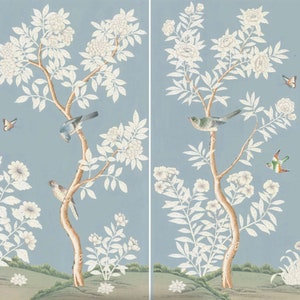 30"*60",  handmade Chinoiserie wall Artwork, grey blue, silk wallpaper, birds and flowers panels