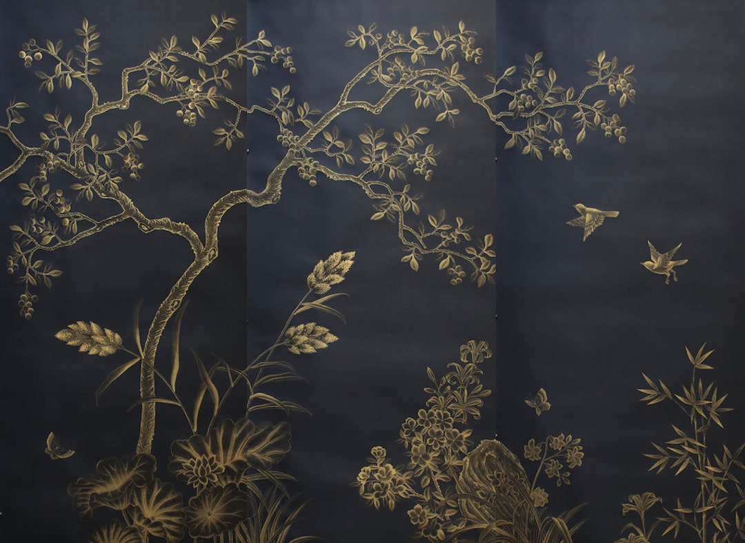Black and Gold, Chinoiserie Wallpaper Mural, Vintage Wall Panels Wallpaper Mural, Vintage Wall