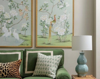 Aqua Green Chinoiserie Wallpaper Panels, Colorful Peonies Wall Art, Set of 3
