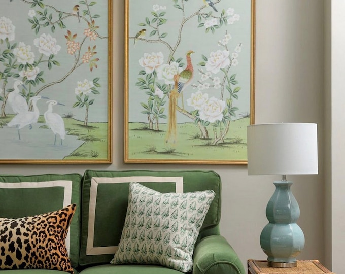 Vintage Chinoiserie Floral, Chinoiserie Green Panels, Set of 2, Wall ...