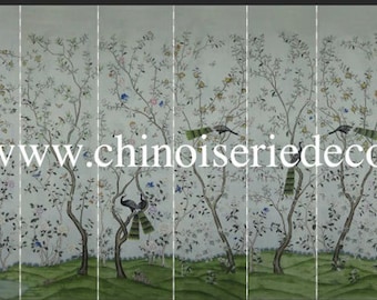 Tapeta jedwabna malowana ręcznie w stylu Chinoiserie na zamówienie – ogród pawia – ręcznie malowany panel w stylu Chinoiserie – panel w stylu Chinoiserie – zarezerwowane dla Judy S***