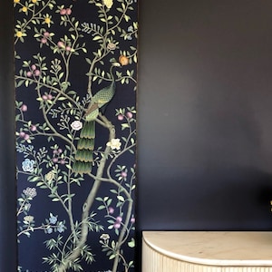 Peacock Bird Vintage Wall Art Wallpaper ,  Wall Mural with  peacock and peaony---- navy blue wallpaper, peacock  prints  wallpaper