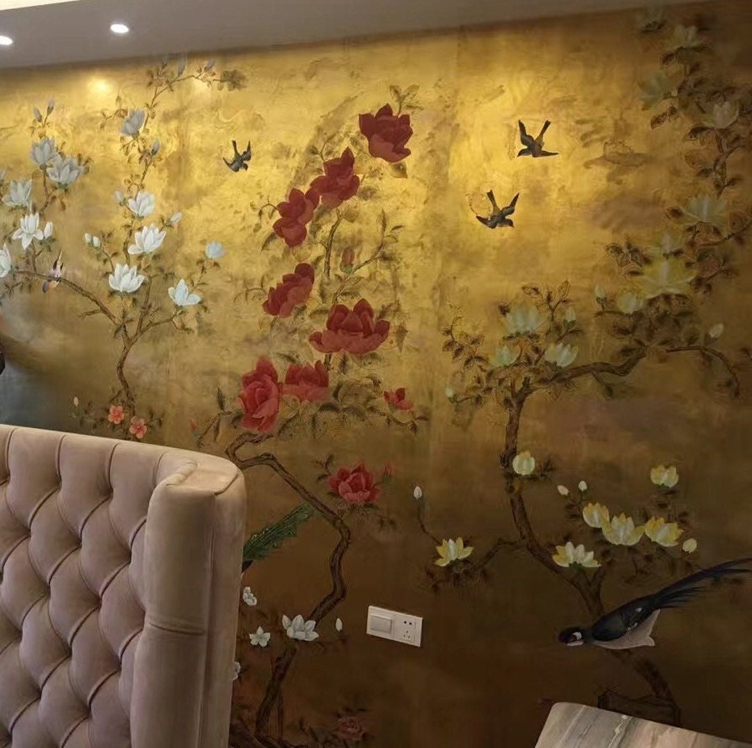 Japanese Garden Wallpaper Hand Painted Wallpapers on Antiqued - Etsy