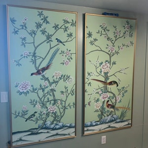 30" *60", 24" *48",  A set of 5 panels, aqua green chinoiserie birds and flowers, birds and flowers wall artwork, no frame