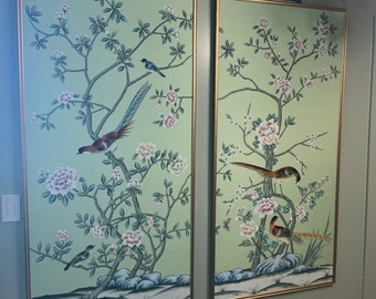 30" *60", 24" *48", Un conjunto de 5 paneles, pájaros y flores chinoiserie verde agua, obras de arte de pared de pájaros y flores, sin marco