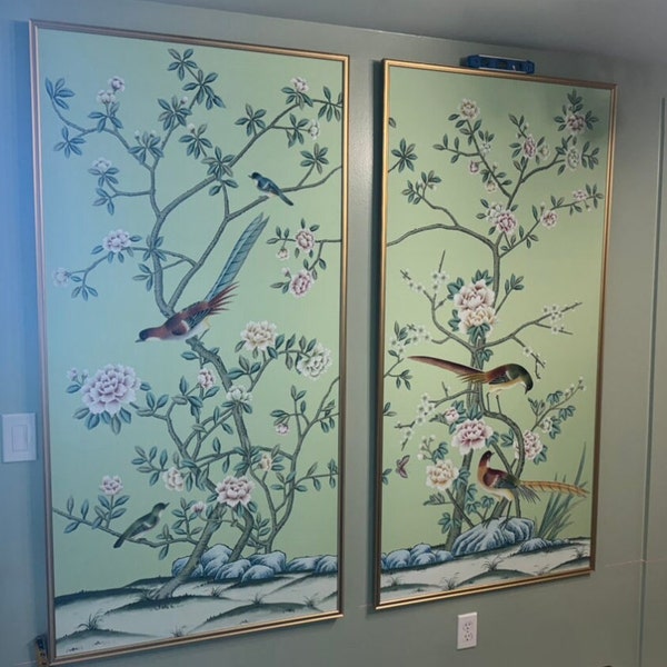 30" *60", 24" *48",  A set of 5 panels, aqua green chinoiserie birds and flowers, birds and flowers wall artwork, no frame