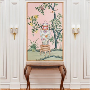 Vase, pink flower and bird decorations pink floral art prints / chinoiserie wall panel / art print / bird print / botanical art