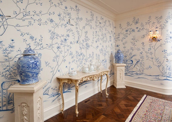 porcelain blue and white//vintage chinoiserie  scenic wallpaper printed on non woven paper/ /Flower and birds wallpaper/Botanical art/Mural