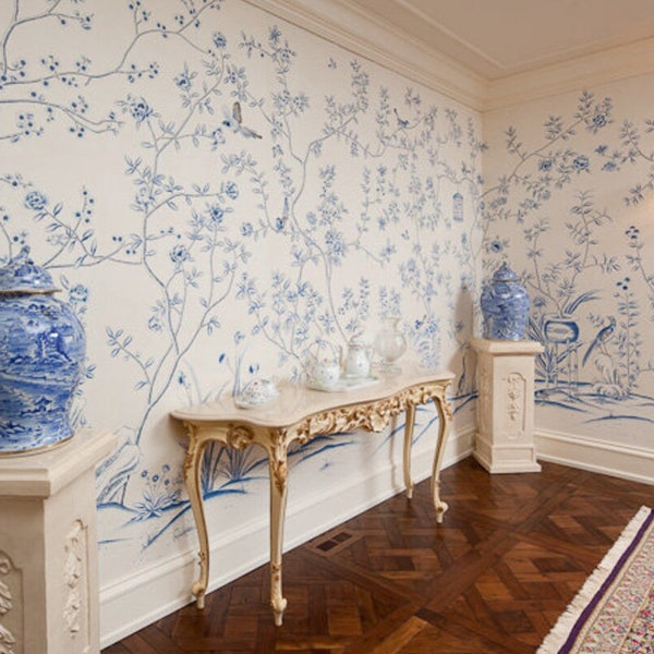 Chinoiserie Wallpaper Blue and White - Etsy