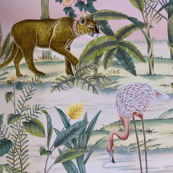 36"*96", Chinoiserie Wallpaper, Monkey, Flamingo, Palm Tree ,Chinoiserie Flamingo, Custom ground color available