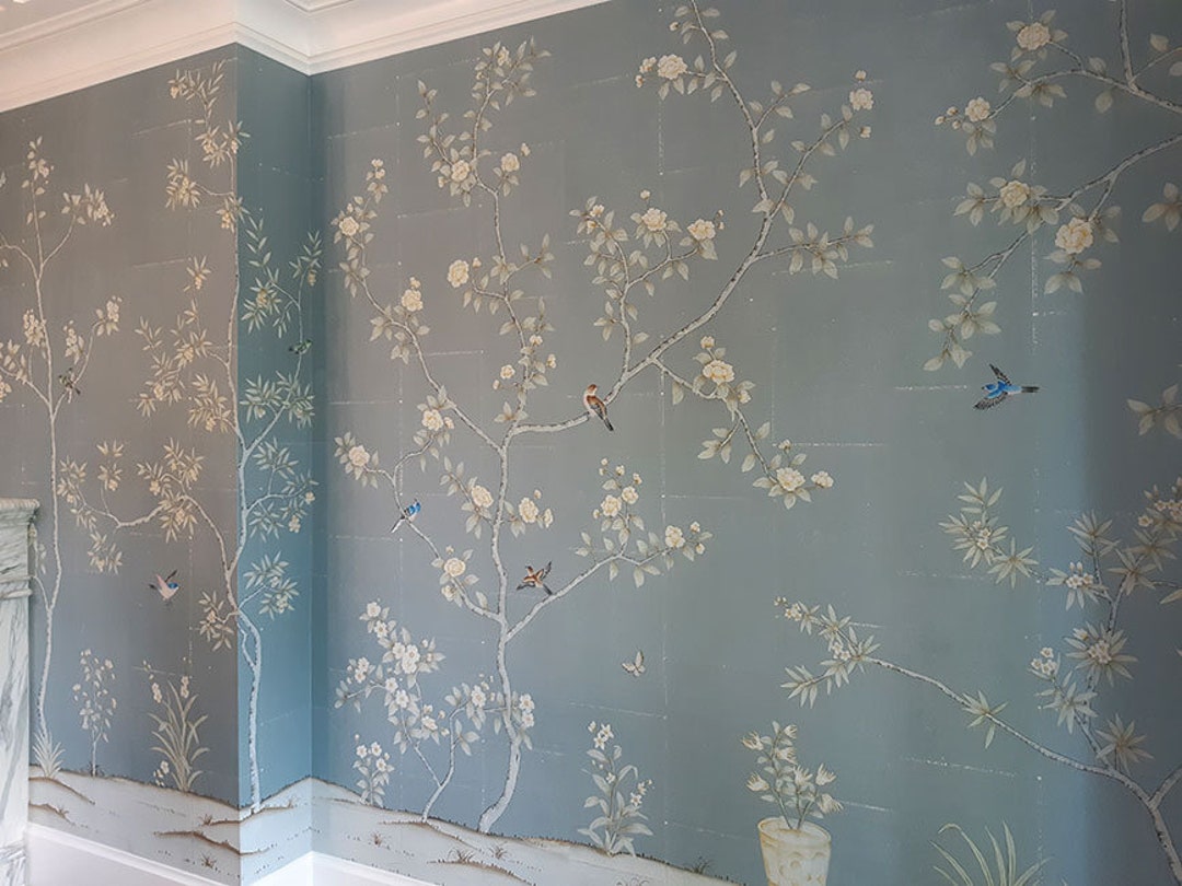 Hand-painted Chinoiserie Wallpaper: Blue India Tea Paper - Etsy