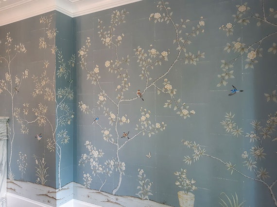 Hand Painted Chinoiserie Wallpaper on Blue Tea Paper36 - Etsy