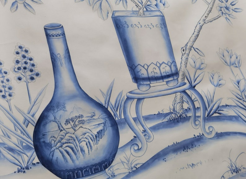 Blått och vitt porslin//vintage chinoiserie-tapet tryckt på non-woven-papper//Blommor och fåglar-tapet/Botanisk konst/Vägmålning bild 6