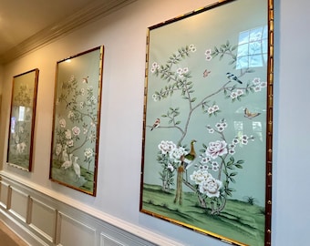 30" * 60", 30" * 40", opcjonalny rozmiar panelu, zielone panele Chinoiserie w kolorze akwamaryny, sztuka ścienna, dekoracja ścienna, dekoracja ścienna - kolorowe piwonie
