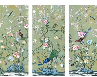 24"*48", 24"*53", 30"*60", 36"*96",  Vintage handmade Chinoiserie Wall Art , wallpaper,  Panel Set, Birds and Flowers,Vintage wallpaper
