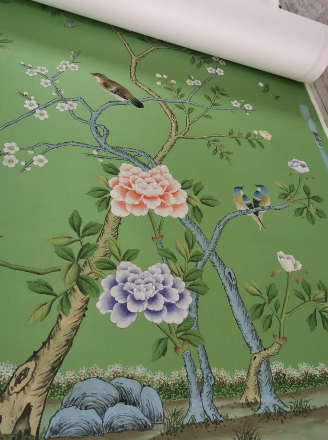 Chinoiserie wallpaper on Emerald green dyed silk Etsy