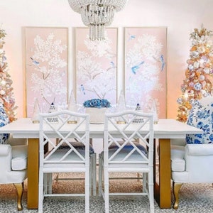 24&quot;* 53&quot;,  pink wall artwork, Triptych hand-painted chinoiserie silk, silk wallpaper---shipping immediately