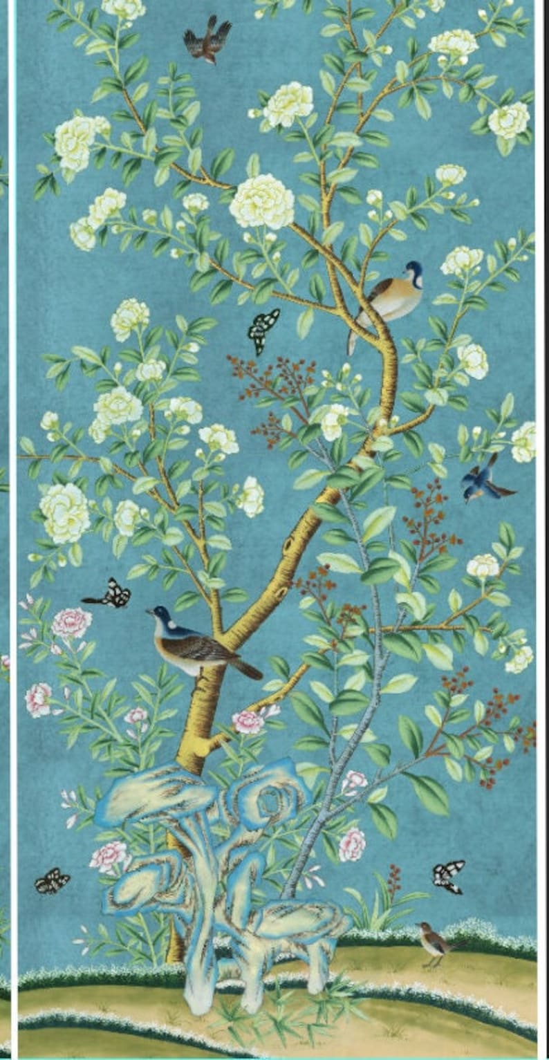 24"*48", A Set of 2 Panels Teal Blue Vintage Chinoiserie Floral Wall ...